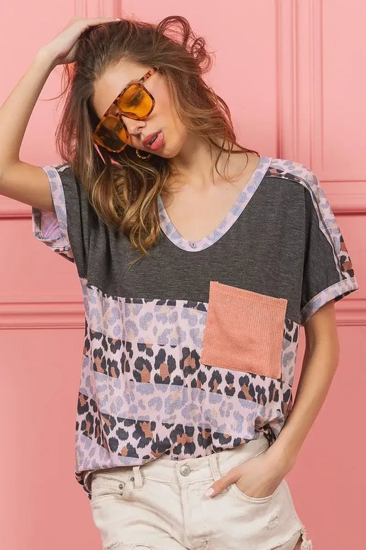 BiBi Leopard Stripe with Slub Terry Color Block T-Shirt