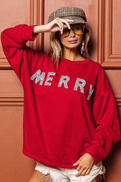 BiBi Merry Glitter Christmas Drop Shoulder Top - Christmas Drop Shoulder Top