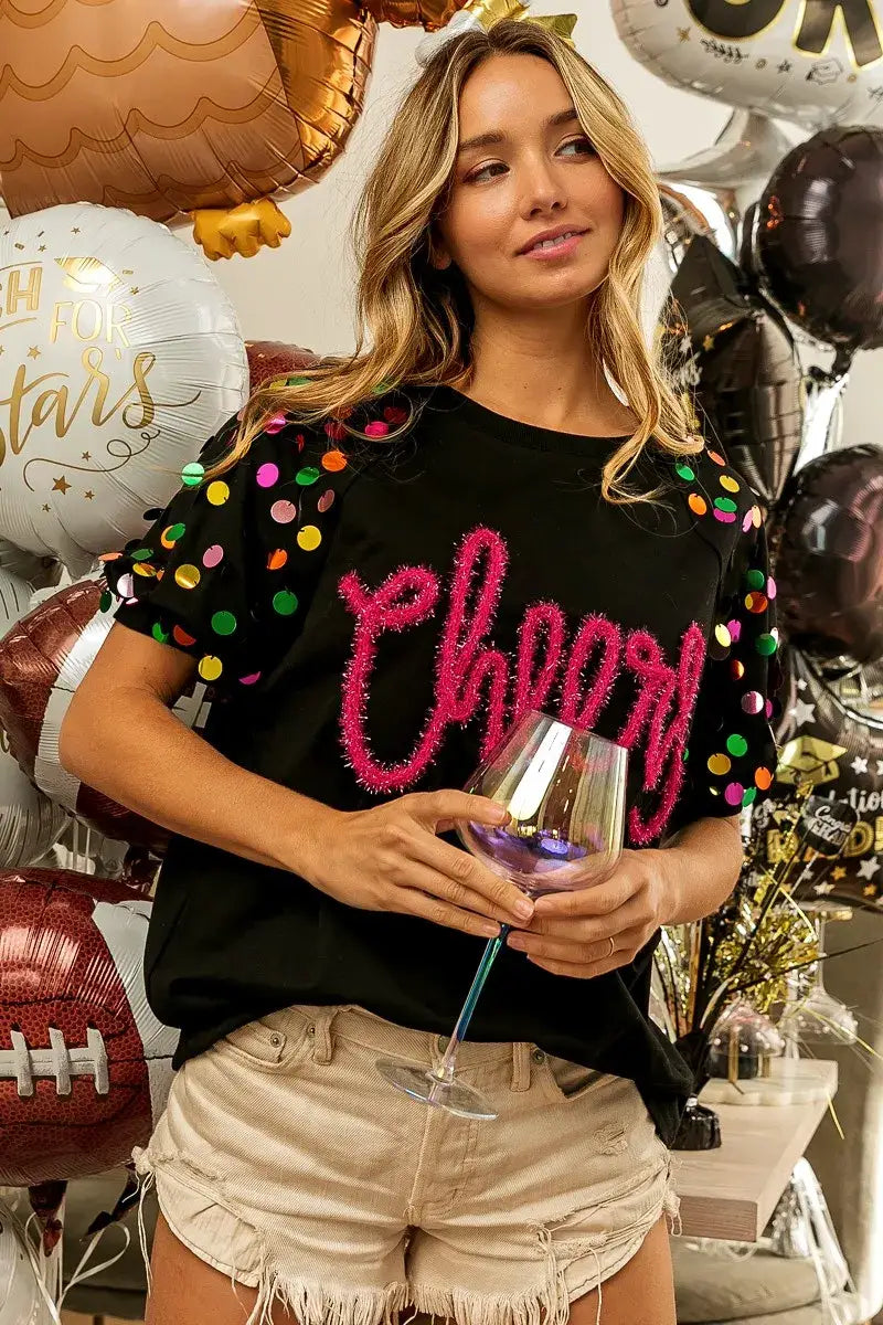 BiBi Metallic Letter Spangle Raglan Puff Sleeve Top - Puff Sleeve Top