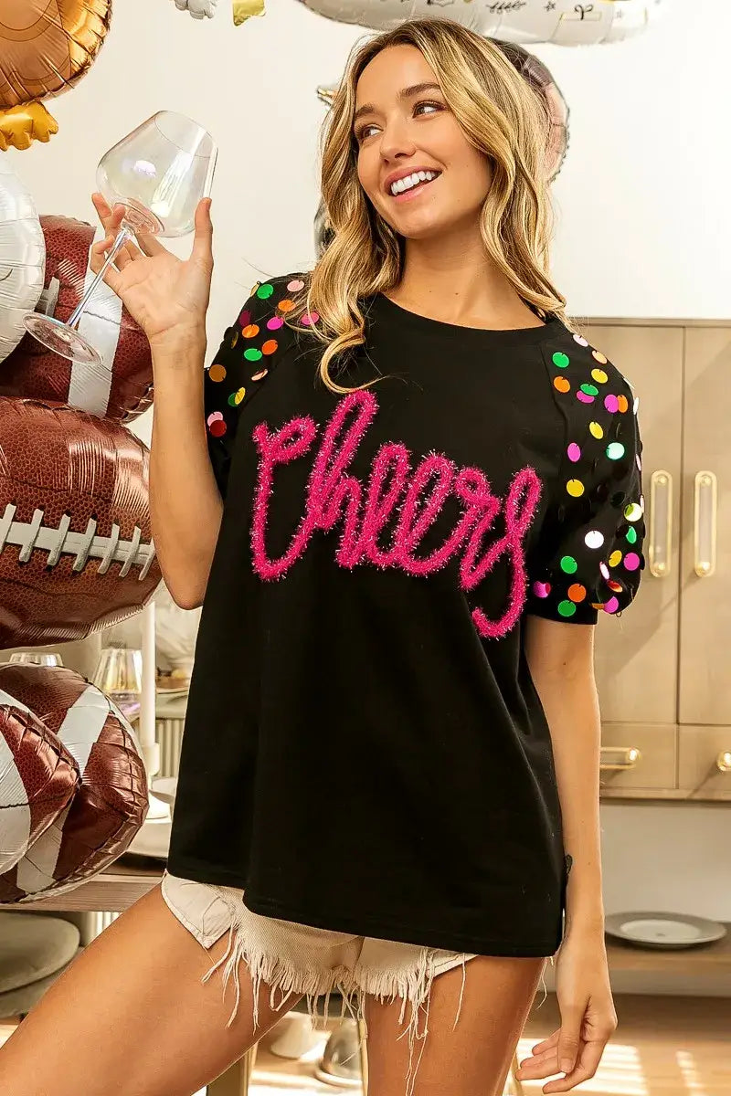 BiBi Metallic Letter Spangle Raglan Puff Sleeve Top - Puff Sleeve Top