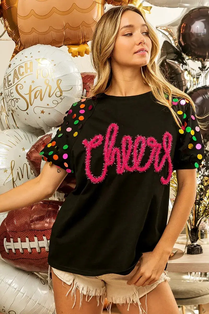 BiBi Metallic Letter Spangle Raglan Puff Sleeve Top - Puff Sleeve Top