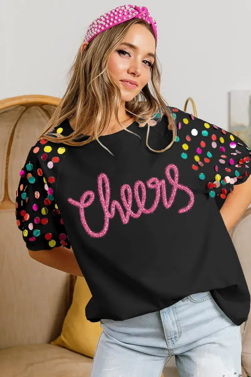 BiBi Metallic Letter Spangle Raglan Puff Sleeve Top - Puff Sleeve Top