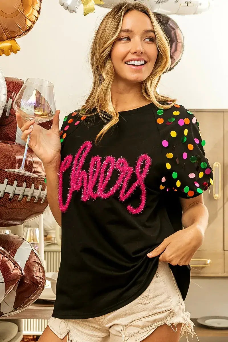 BiBi Metallic Letter Spangle Raglan Puff Sleeve Top - Puff Sleeve Top