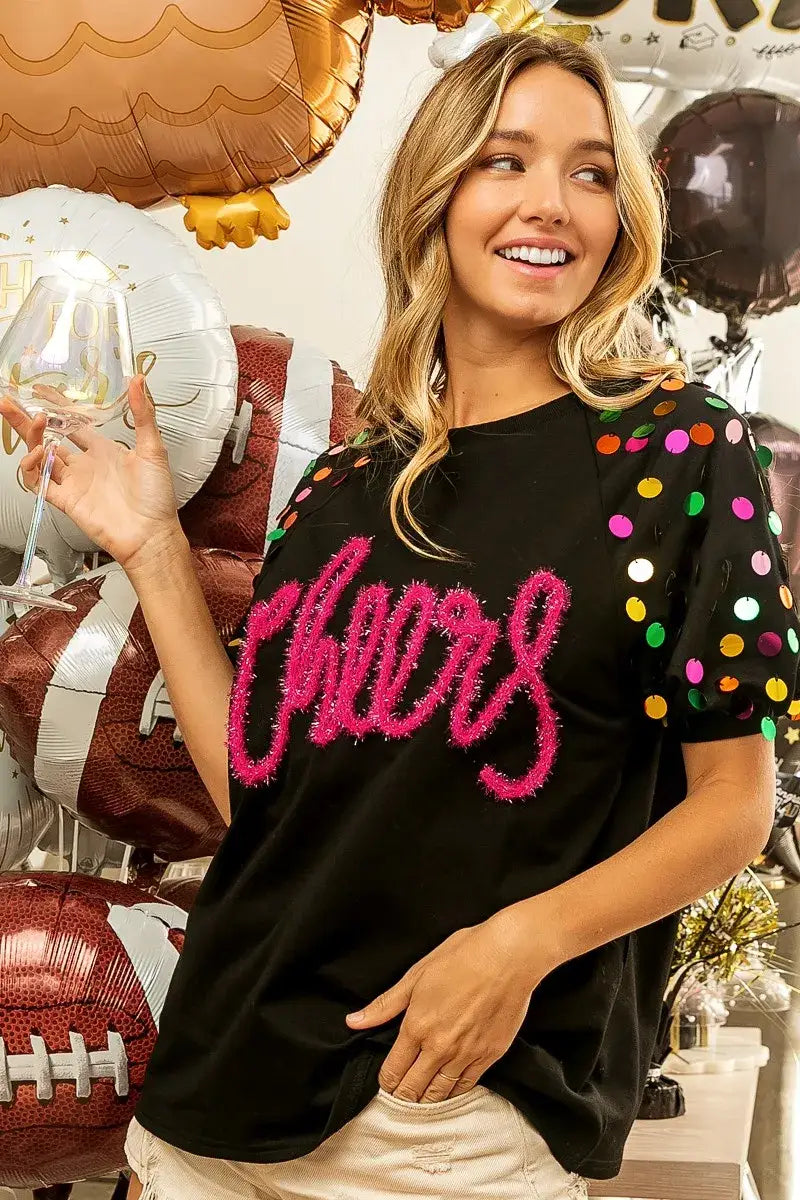 BiBi Metallic Letter Spangle Raglan Puff Sleeve Top - Puff Sleeve Top