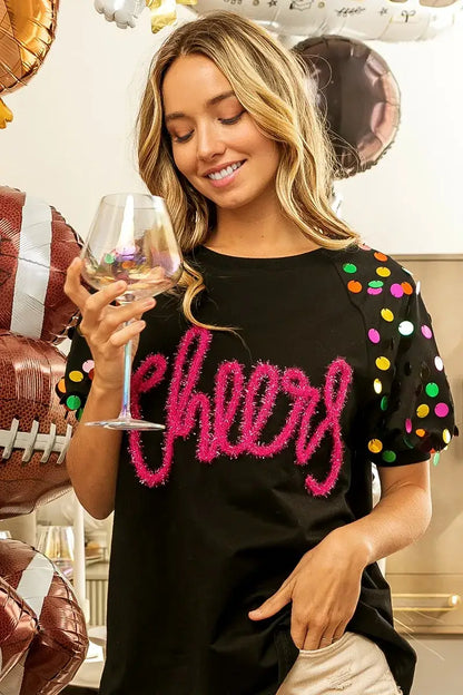 BiBi Metallic Letter Spangle Raglan Puff Sleeve Top - Puff Sleeve Top