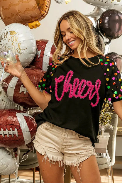 BiBi Metallic Letter Spangle Raglan Puff Sleeve Top - Puff Sleeve Top