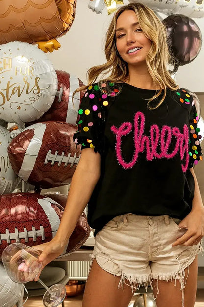 BiBi Metallic Letter Spangle Raglan Puff Sleeve Top - Puff Sleeve Top