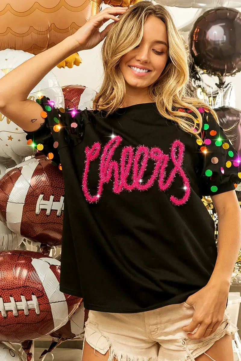 BiBi Metallic Letter Spangle Raglan Puff Sleeve Top - BLACK / S - Puff Sleeve Top