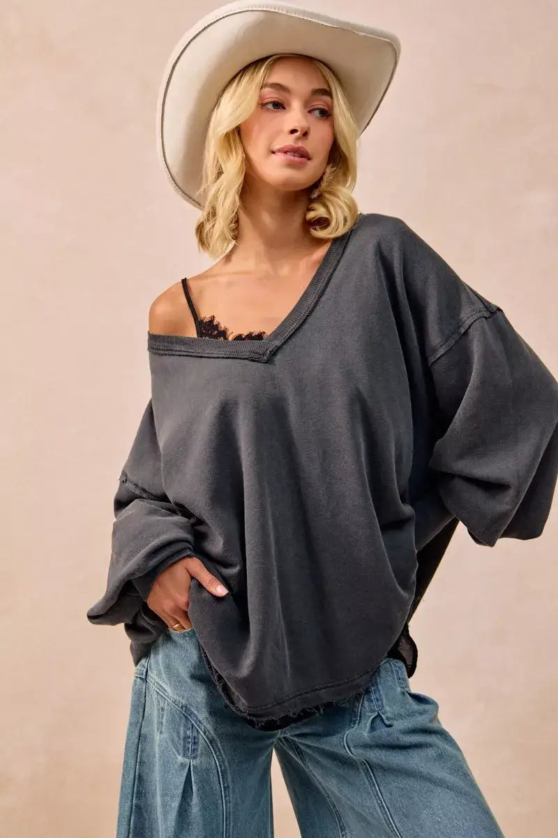 BiBi Mineral Washed French Terry Oversized Sweatshirt - Oversized Sweatshirt
