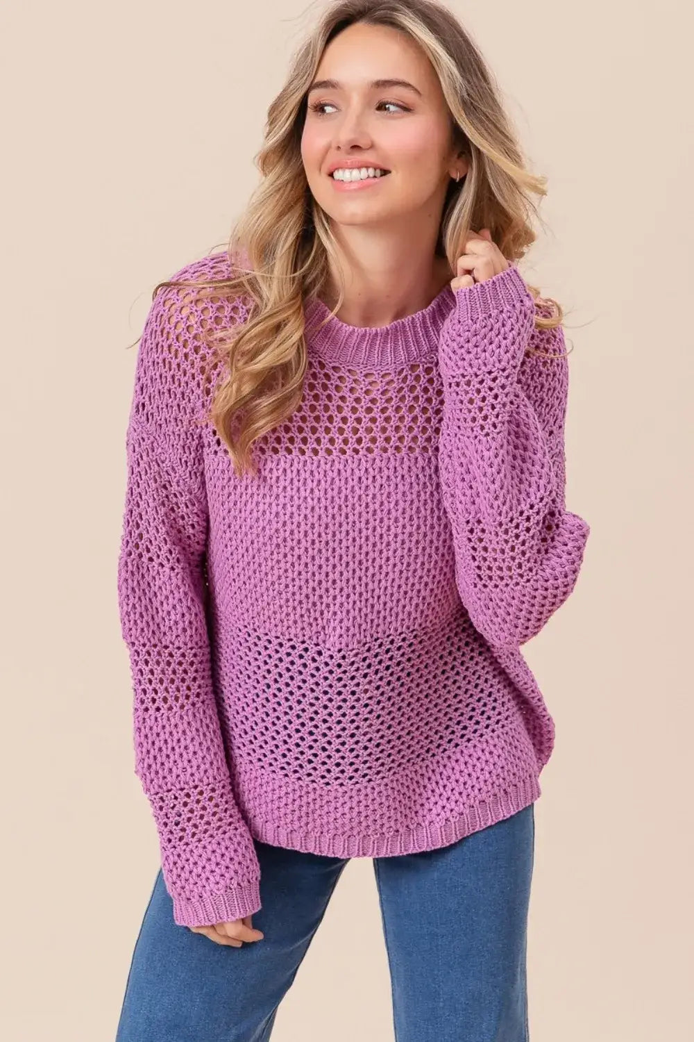 BiBi Openwork Long Sleeve Knit Top - Berry / S