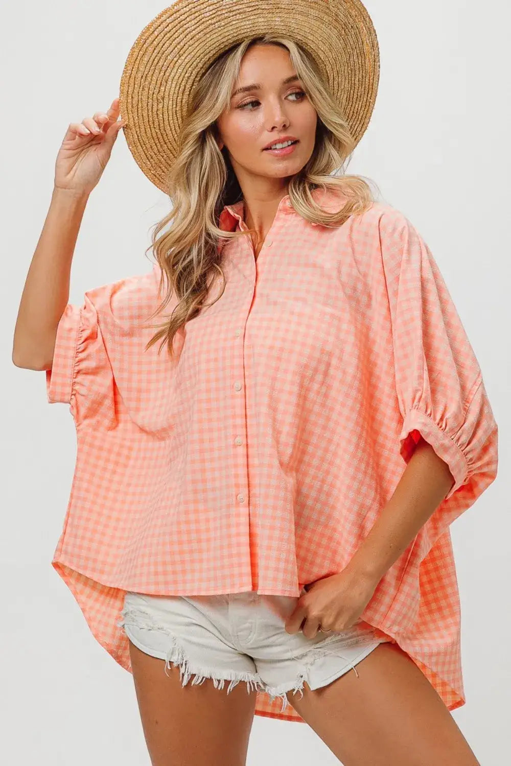 BiBi Plaid Button Up Dolman Sleeve Shirt - Blush/Lt Coral / S
