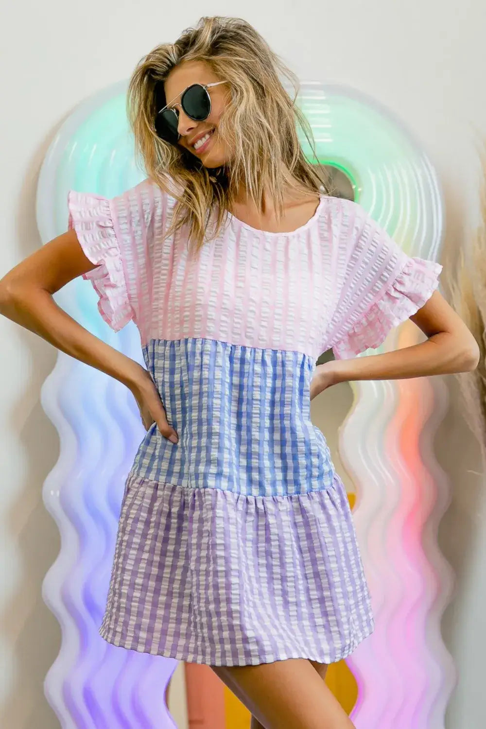 BiBi Plaid Color Block Tiered Top