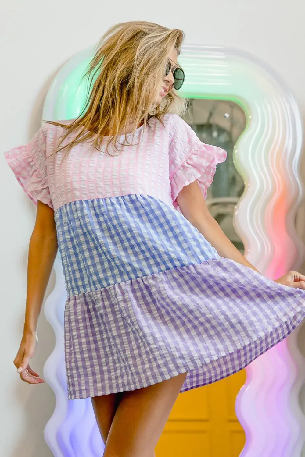 BiBi Plaid Color Block Tiered Top - Blush/Blue/Lavender / S