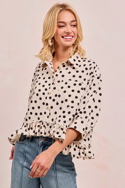 BiBi Polka Dot Printed Peplum Top with Front Button - Top with Front Button