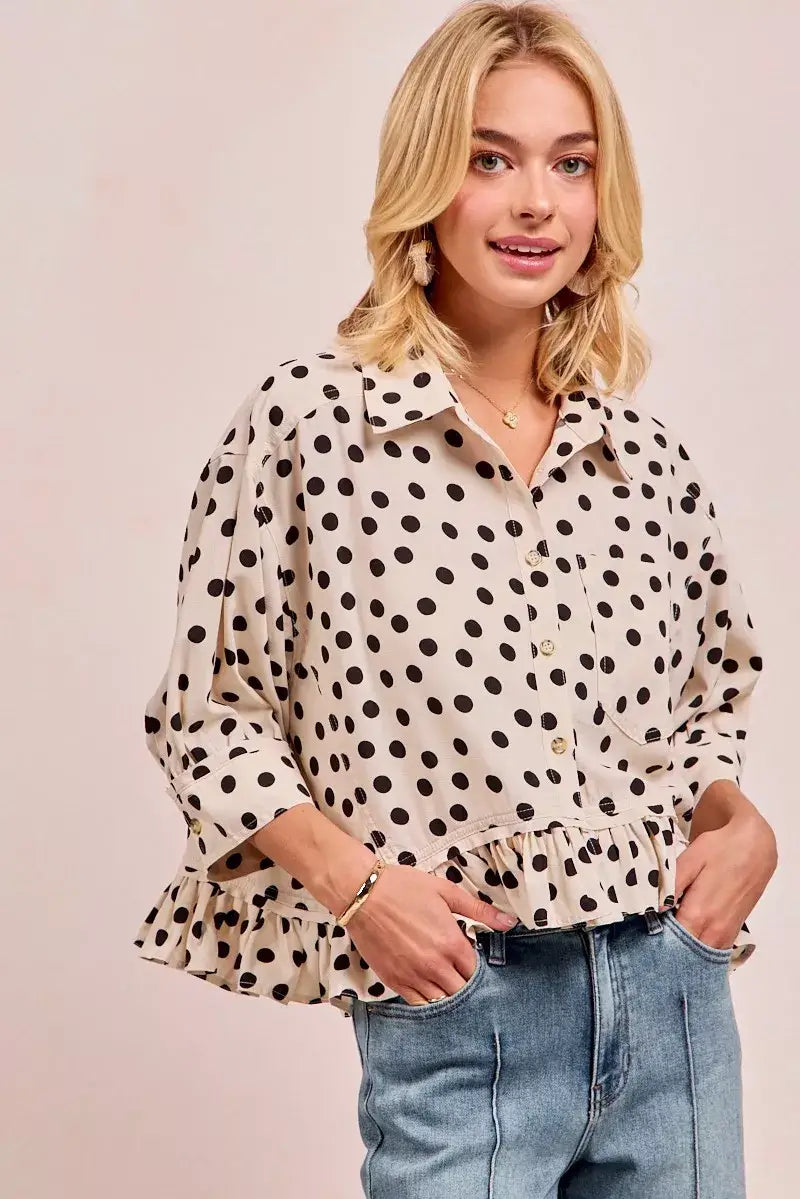 BiBi Polka Dot Printed Peplum Top with Front Button - Top with Front Button