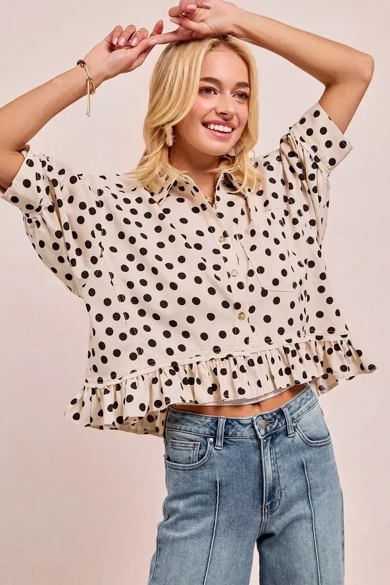 BiBi Polka Dot Printed Peplum Top with Front Button - Top with Front Button