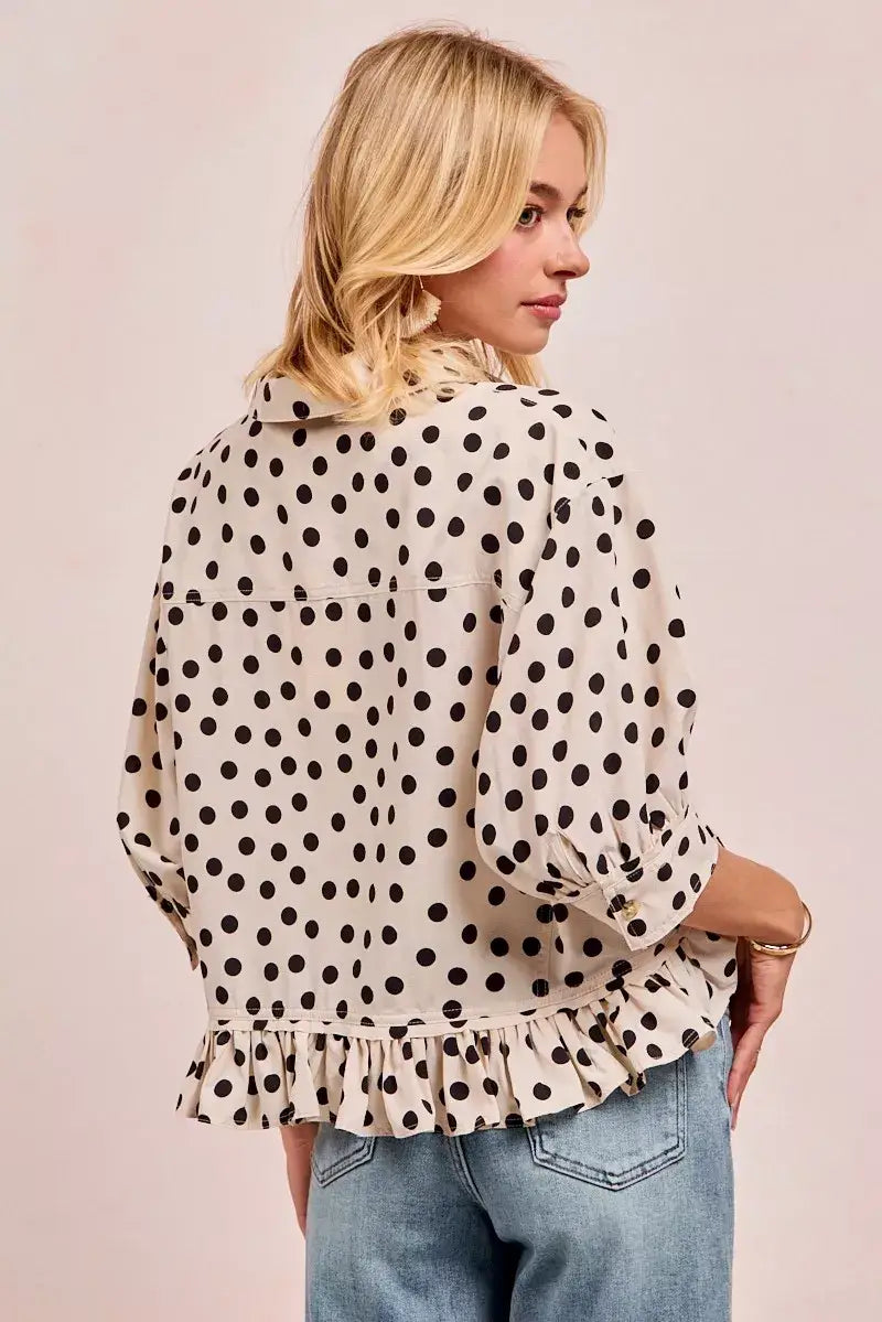 BiBi Polka Dot Printed Peplum Top with Front Button - Top with Front Button