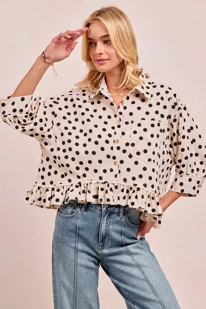 BiBi Polka Dot Printed Peplum Top with Front Button - Top with Front Button