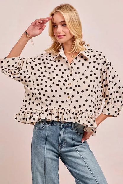BiBi Polka Dot Printed Peplum Top with Front Button - Top with Front Button
