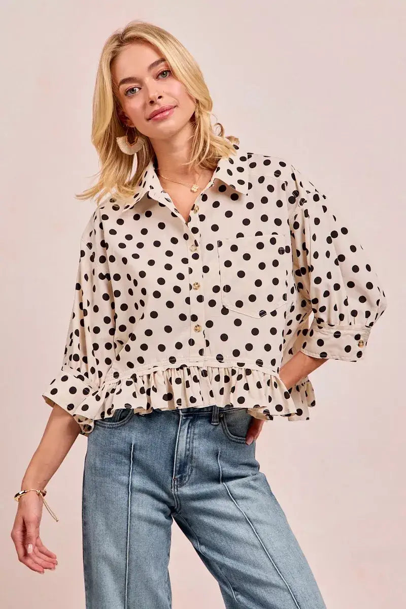 BiBi Polka Dot Printed Peplum Top with Front Button - OFF WHITE/BLACK / S - Top with Front Button