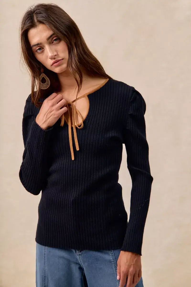 BiBi Ribbed Contrast Front Tied Top with Shrried