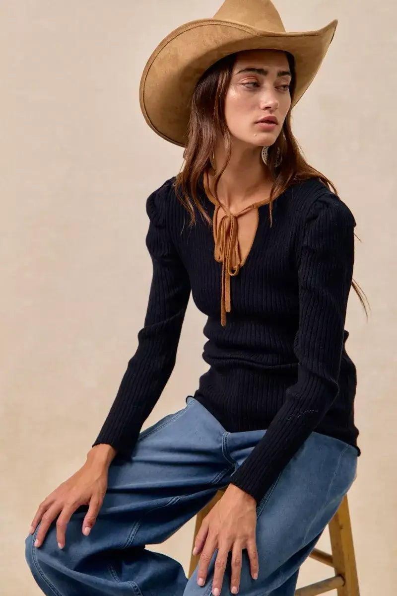 BiBi Ribbed Contrast Front Tied Top with Shrried