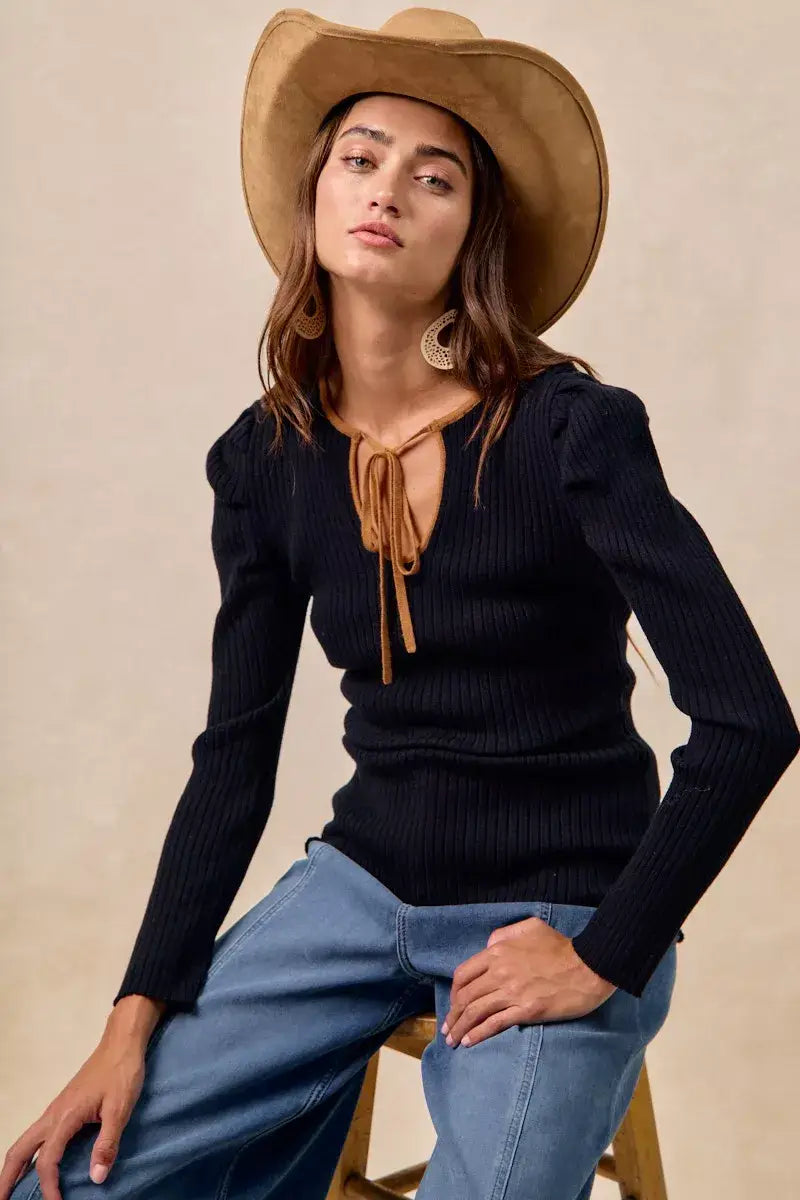 BiBi Ribbed Contrast Front Tied Top with Shrried