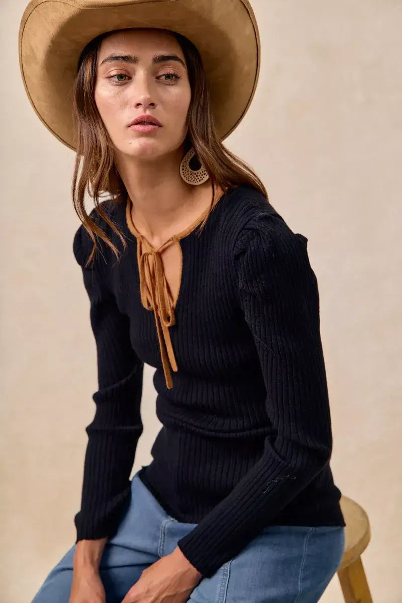 BiBi Ribbed Contrast Front Tied Top with Shrried