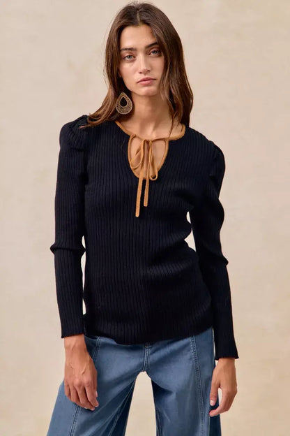 BiBi Ribbed Contrast Front Tied Top with Shrried - BLACK/CAMEL / S