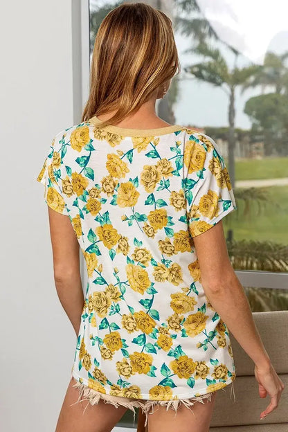 BiBi Rose Print Thermal Neck Binding Dolman Sleeves Top