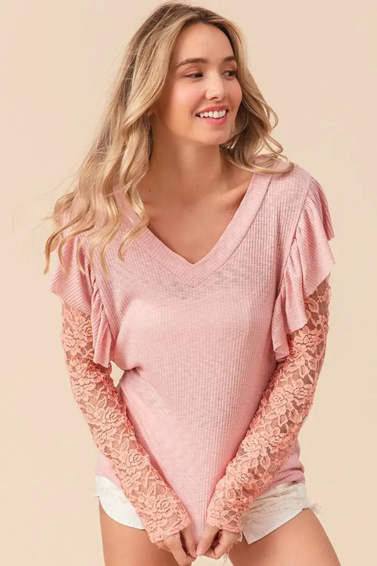 BiBi Ruffled Lace Sleeve Rib Knit Top - Blush Pink / S