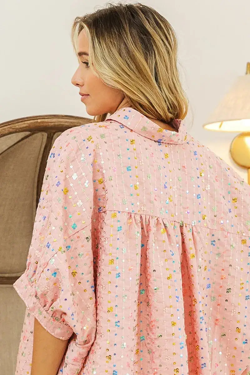 BiBi Sequin Striped Short Dolman Sleeve Blouse