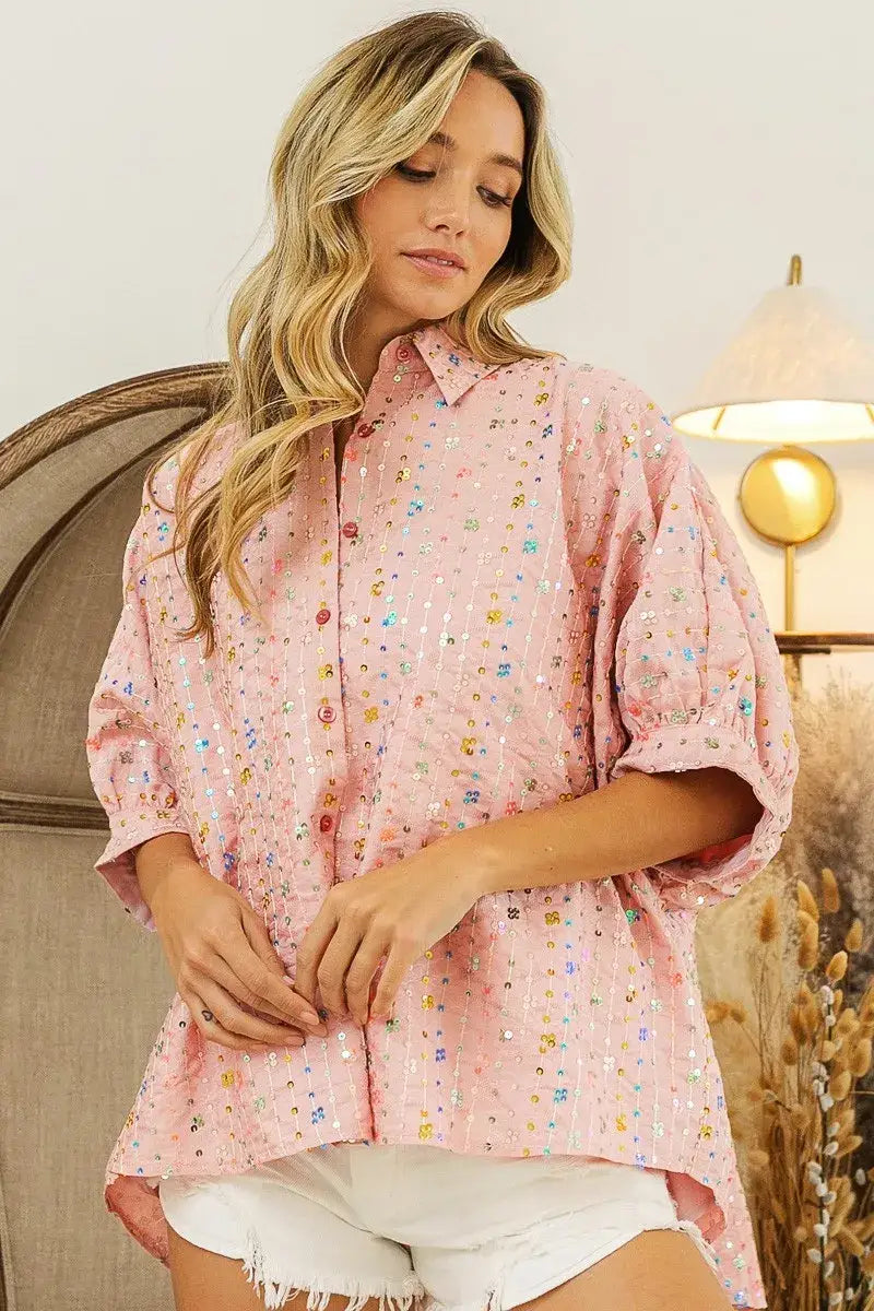 BiBi Sequin Striped Short Dolman Sleeve Blouse