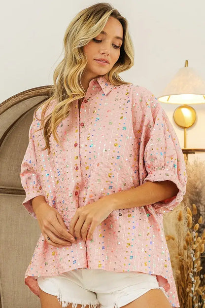 BiBi Sequin Striped Short Dolman Sleeve Blouse