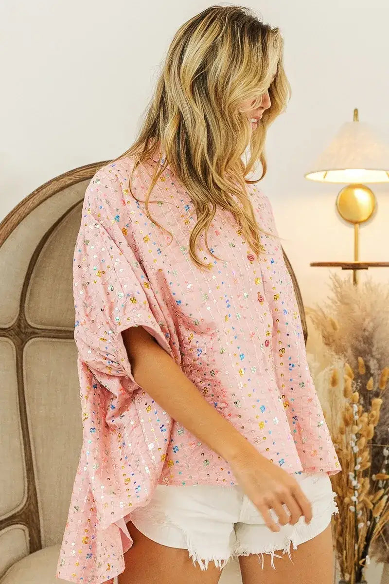 BiBi Sequin Striped Short Dolman Sleeve Blouse