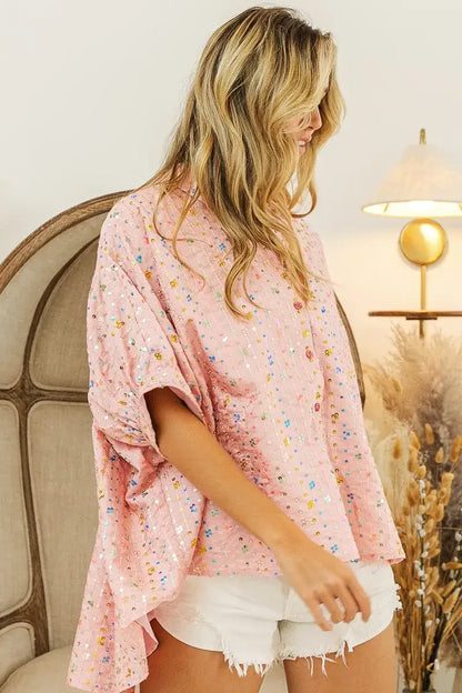 BiBi Sequin Striped Short Dolman Sleeve Blouse