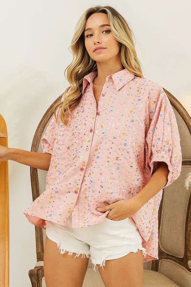 BiBi Sequin Striped Short Dolman Sleeve Blouse