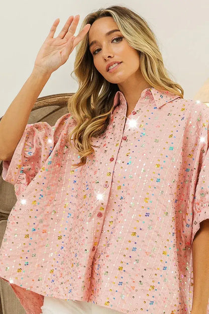 BiBi Sequin Striped Short Dolman Sleeve Blouse - BLUSH / S