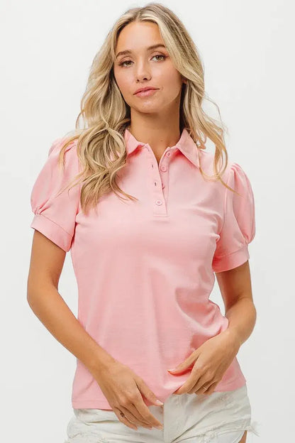 Pink puff sleeve pique polo shirt with button-down collar and pocket detail