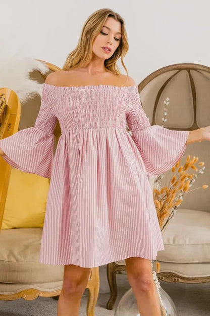 BiBi Smocked Off Shoulder Striped Dress