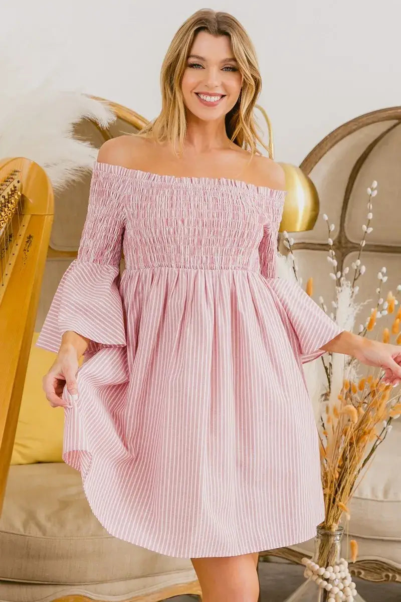 BiBi Smocked Off Shoulder Striped Dress