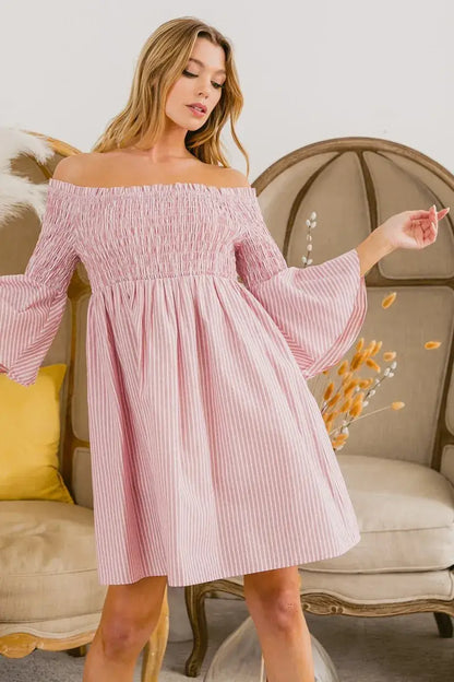 BiBi Smocked Off Shoulder Striped Dress