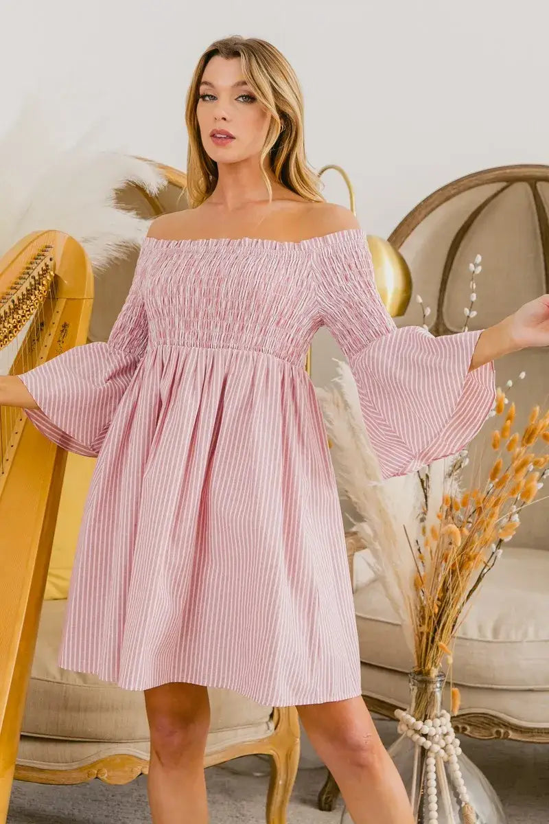 BiBi Smocked Off Shoulder Striped Dress - BLUSH / S