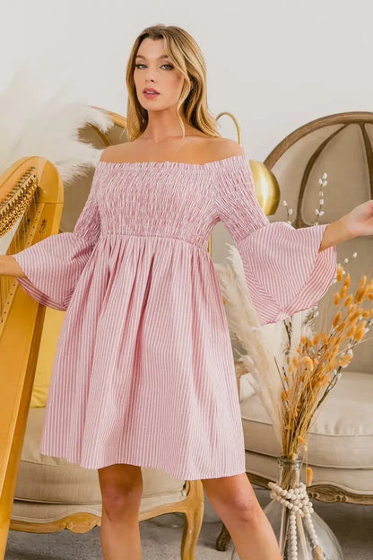 BiBi Smocked Off Shoulder Striped Dress - BLUSH / S