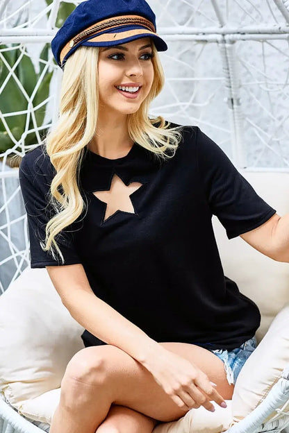 Black star cutout short sleeve T-shirt with gold metallic design, casual wear