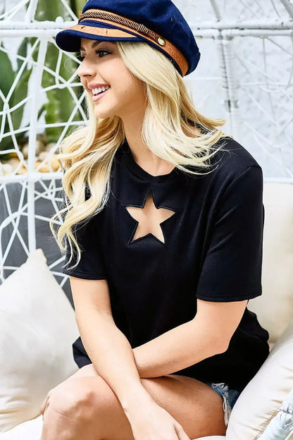 Black star cutout short sleeve T-Shirt with gold metallic stars in soft cotton blend
