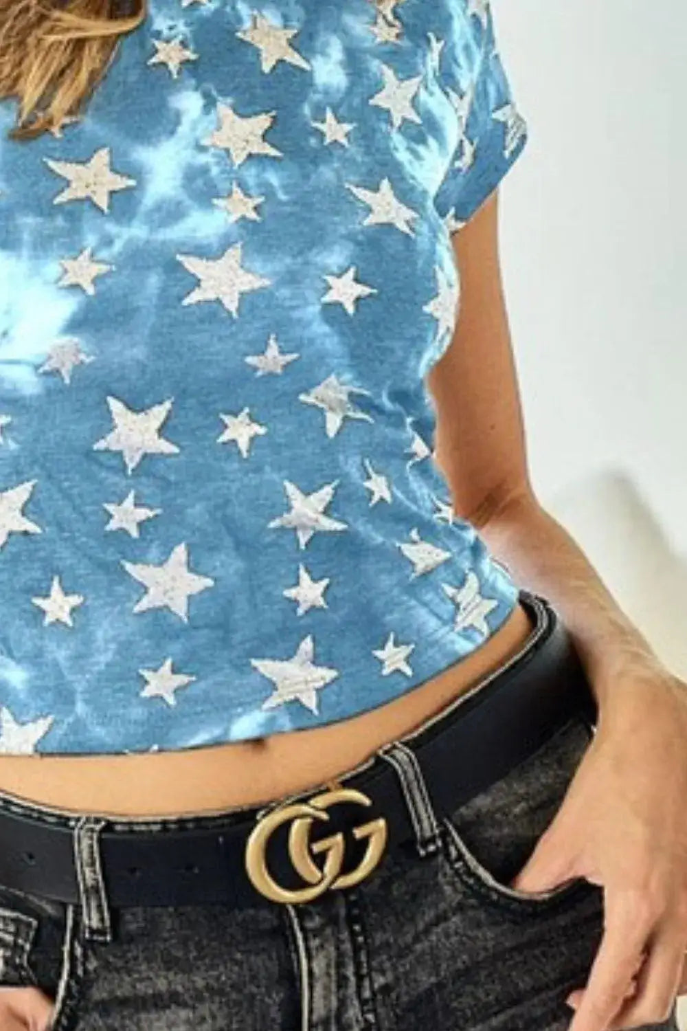 BiBi Star Print Knit Back Cut Out and Plaid Tied Top