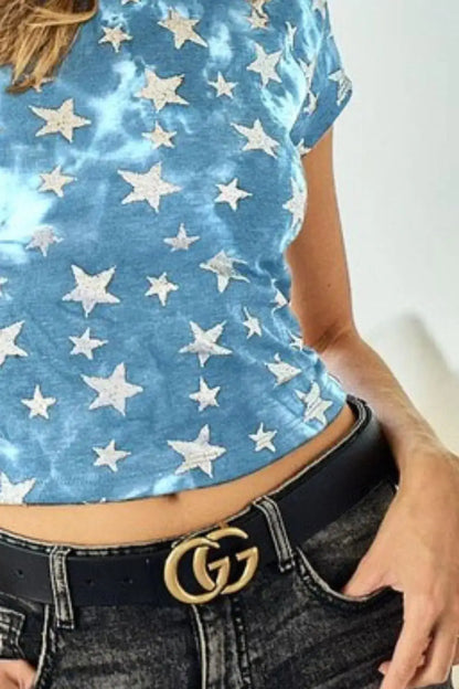 BiBi Star Print Knit Back Cut Out and Plaid Tied Top