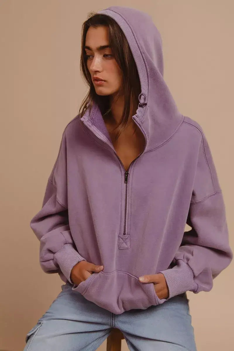 BiBi Stitch Detailed Elastic Hem Half Zip Fleece Hoodie