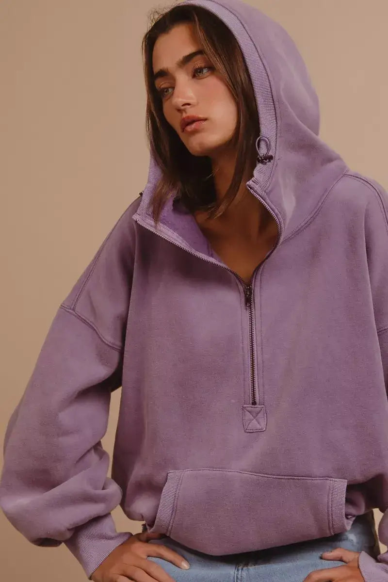 BiBi Stitch Detailed Elastic Hem Half Zip Fleece Hoodie